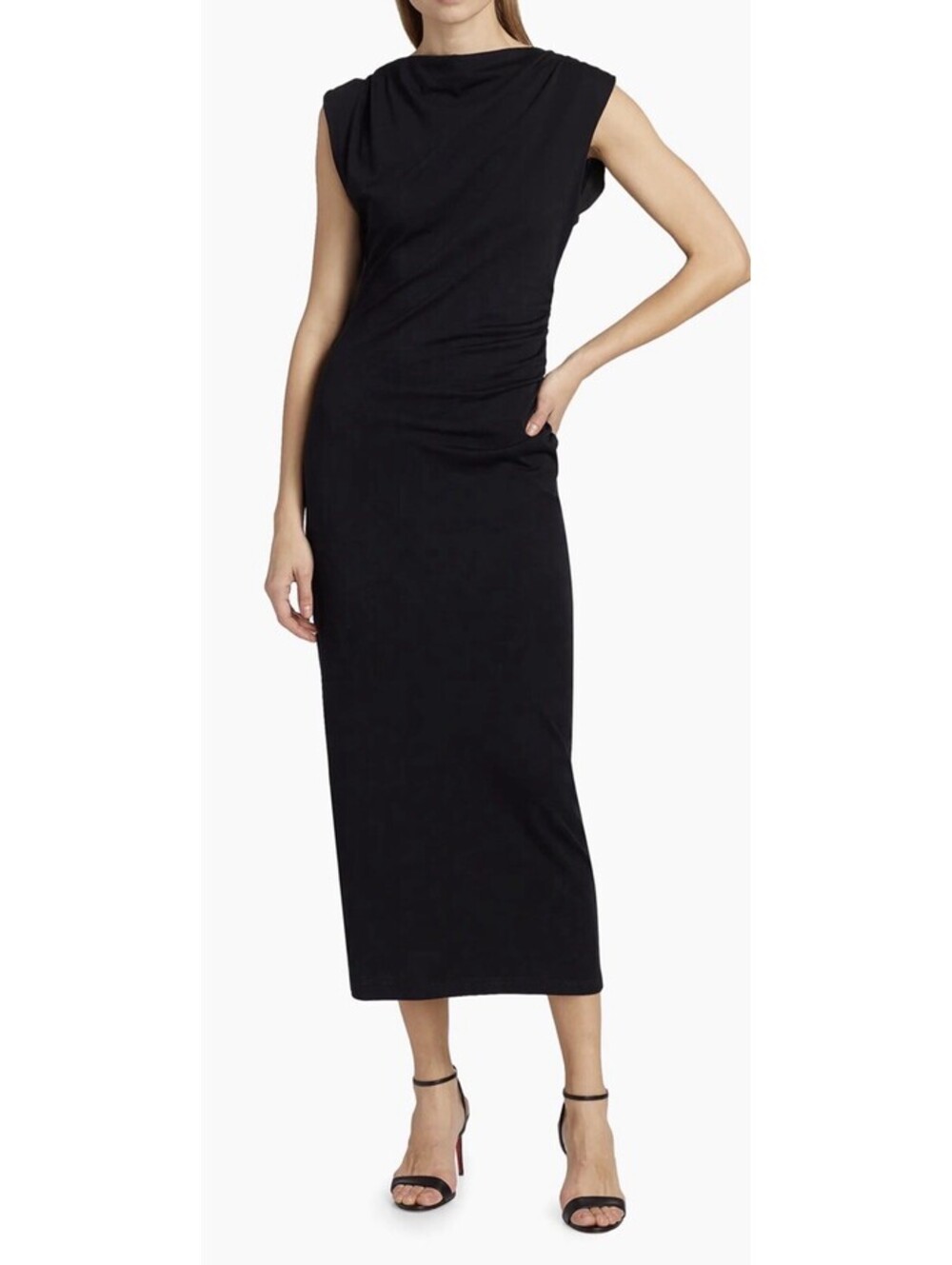 New Vince Cowlneck Cotton Midi-Dress In Black Size L $248 - Picture 2 of 11